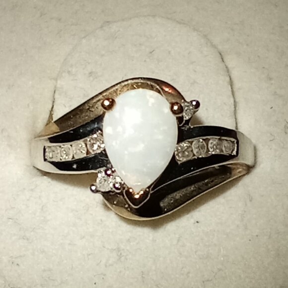 LAST ONE -- 10Kt Two-Tone Gold Pear-Shaped Opal & Diamond Ring - Picture 2 of 6